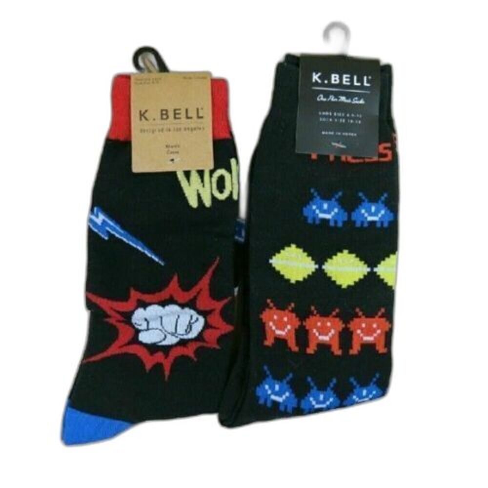 K. Bell Funky Socks Space Invaders Punch Fist 2 Pair Novelty Socks